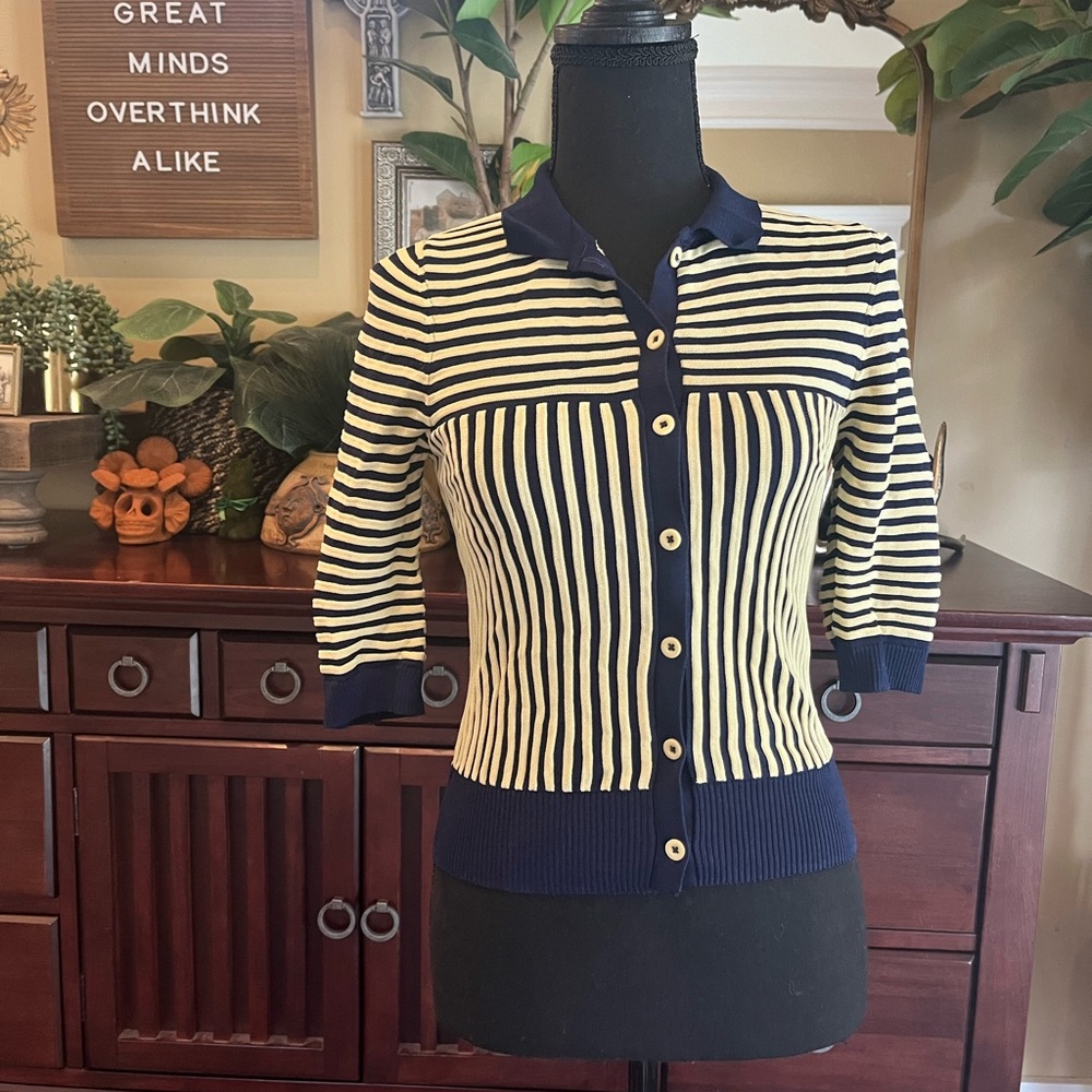 Zara Striped Navy and Cream Cardigan Sz M